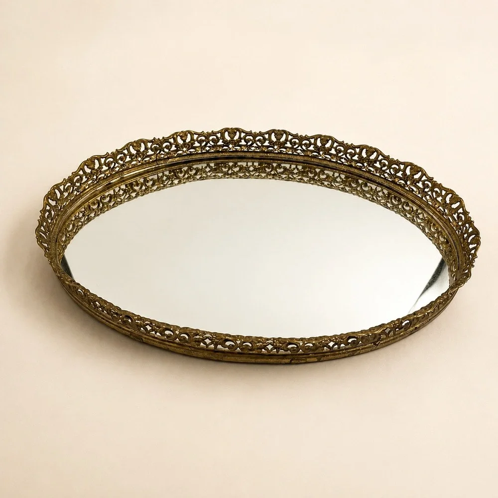 Vintage Oval Mirrored Vanity Tray Gold Tone Ornate Filigree Frame 14 Inch Mirror